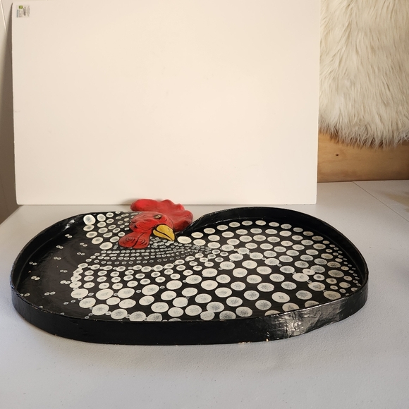 Rooster Tray Large Country Handpainted French Farmhouse Chic Decor Black Vintage - Picture 4 of 11